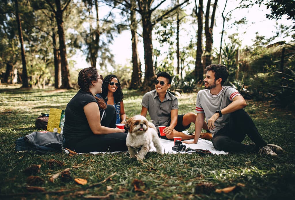 Group of people and a dog having a picnic